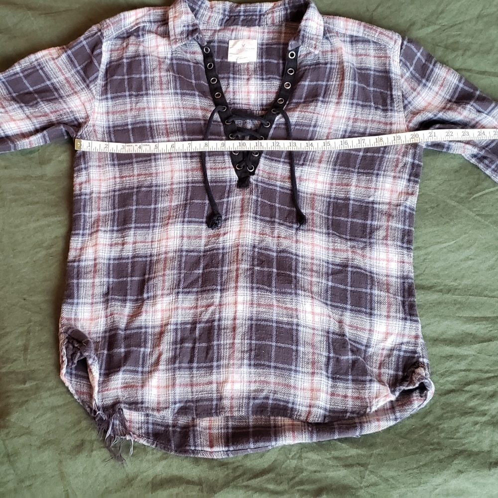 American Eagle Distressed Lace-Up Flannel Top